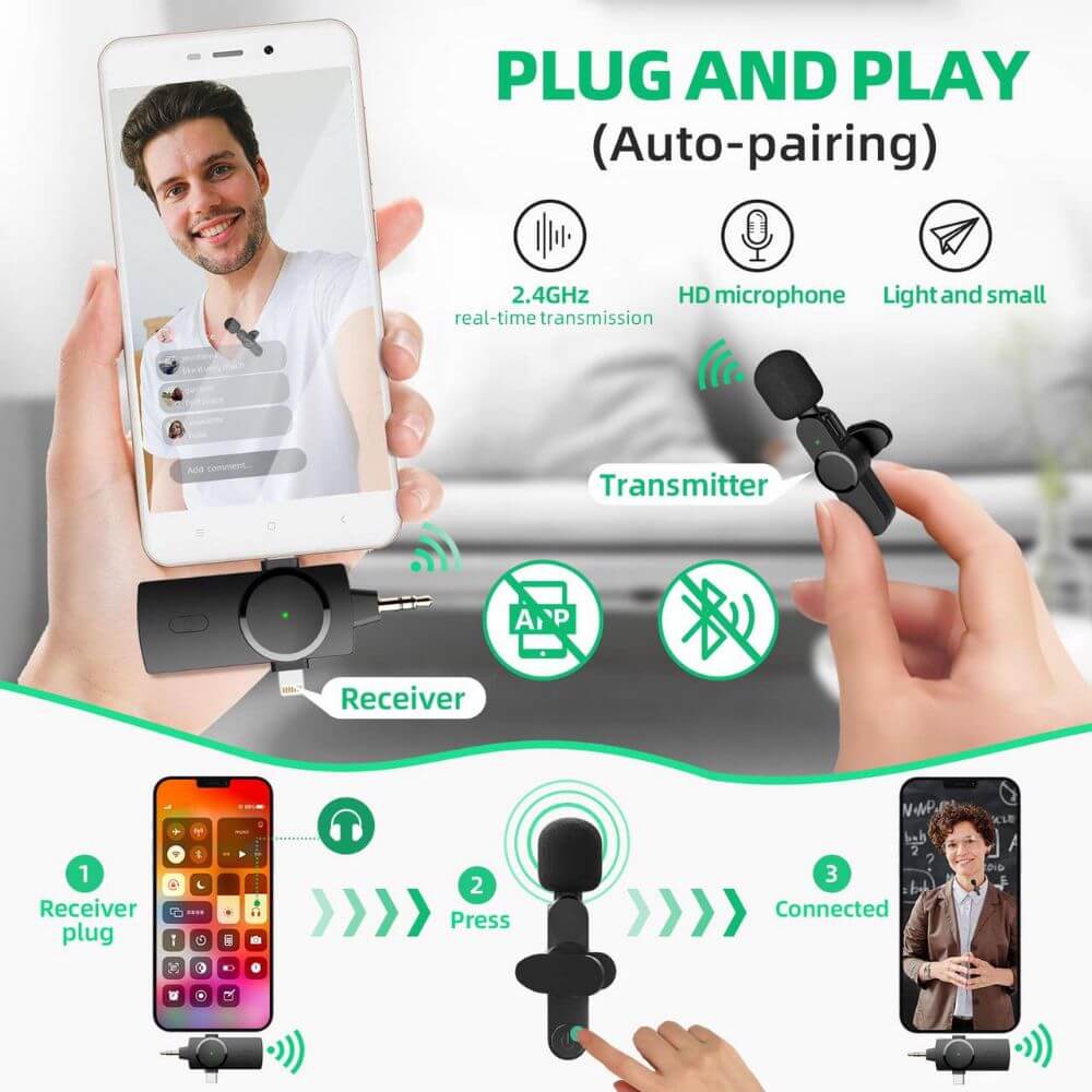 3-in-1 Wireless Lavalier Microphone Dual Mics Noise Reduction – Image 5