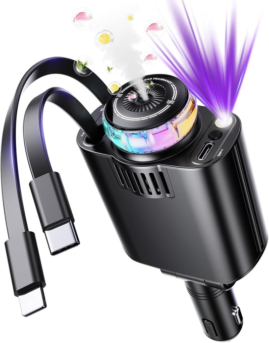 Retractable Car Charger with Starlight & Aromatherapy, 5 in 1 USB C Car Charger Adapter