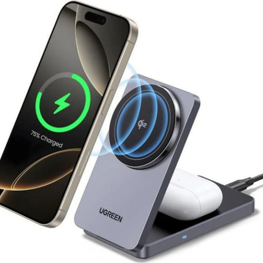 UGREEN MagFlow Qi2 2-in-1 Magnetic 15W Wireless Charger – Foldable Fast Charging Stand