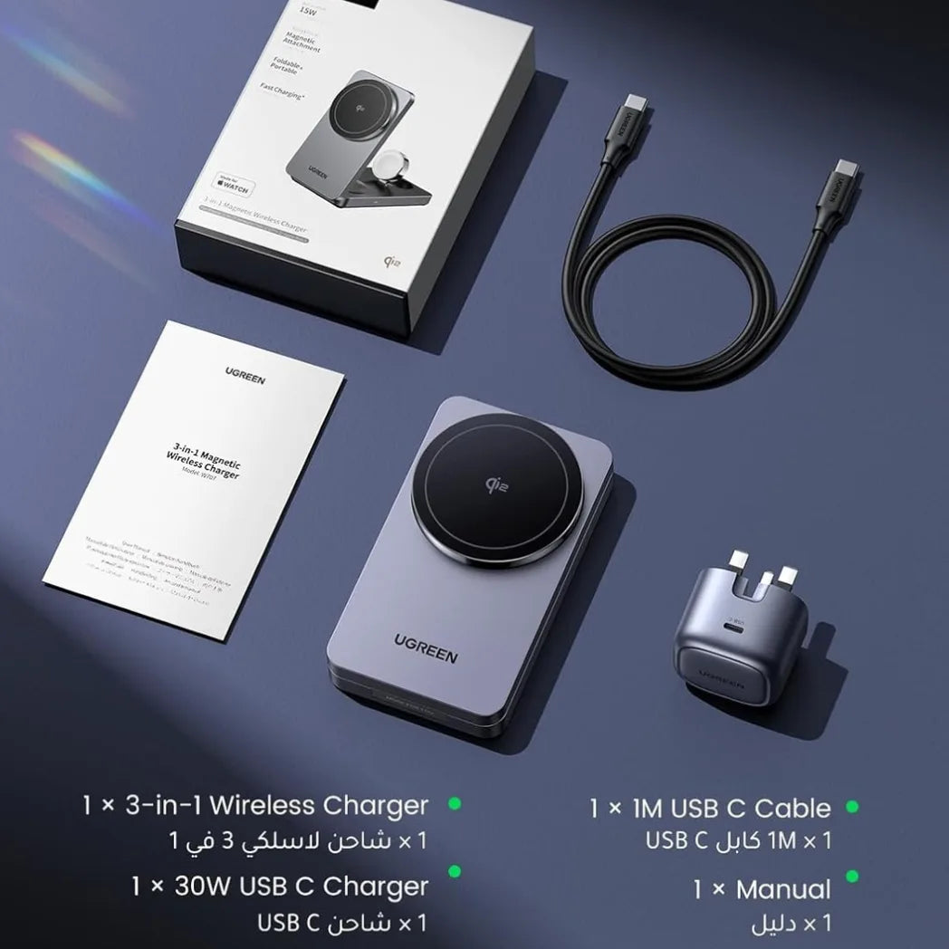 UGREEN 3-in-1 Magnetic Wireless Charger 15W Fast Magnetic Charging Station – Image 2