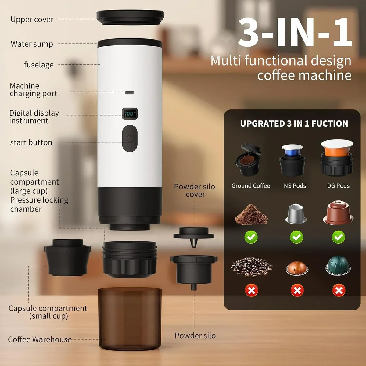 3-in-1 Portable Coffee Maker – Self-Heating Travel Espresso Machine Compatible – Image 6