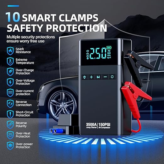Heavy-Duty Car Battery Booster & Tire Inflator – Smart LCD & Emergency Light – Image 2