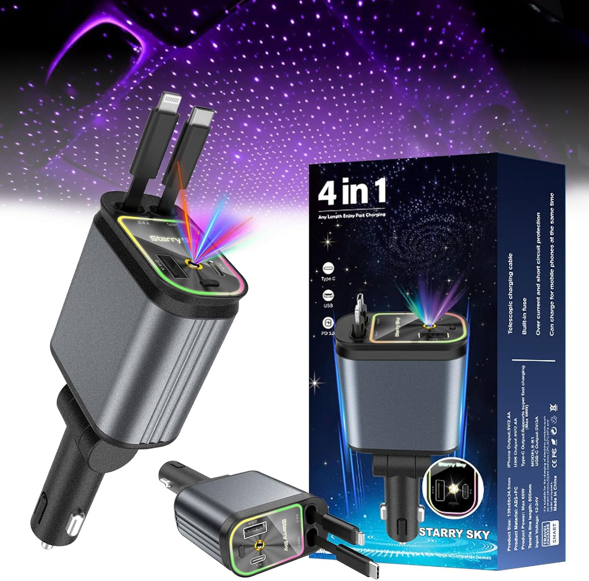 4 in 1 Car Charger, Starry Sky Projector, Retractable Car Charger, USB C Quick Charger – Image 5