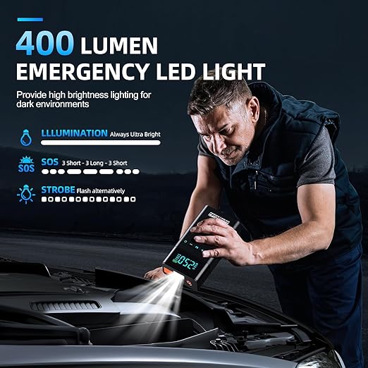 Heavy-Duty Car Battery Booster & Tire Inflator – Smart LCD & Emergency Light – Image 3