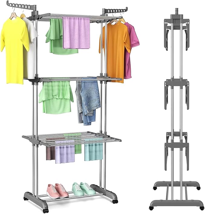 Toworld 4-Tier Folding Clothes Drying Rack – Stainless Steel Laundry Dryer Stand – Image 2