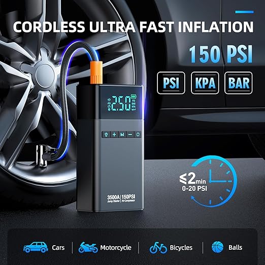 Heavy-Duty Car Battery Booster & Tire Inflator – Smart LCD & Emergency Light – Image 4
