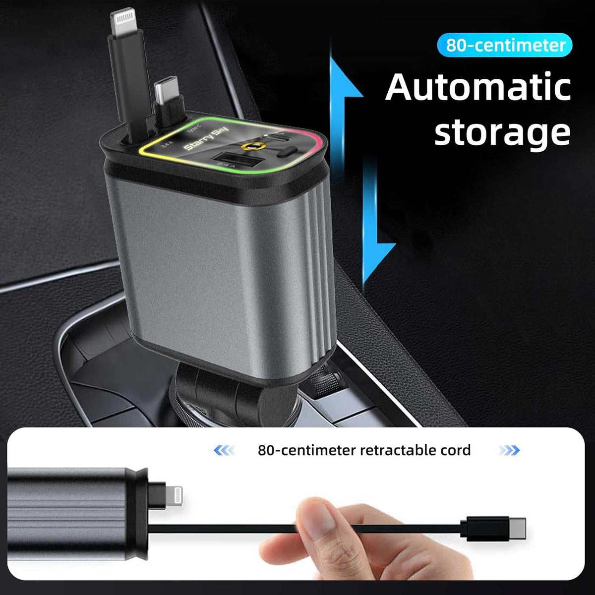 4 in 1 Car Charger, Starry Sky Projector, Retractable Car Charger, USB C Quick Charger – Image 4
