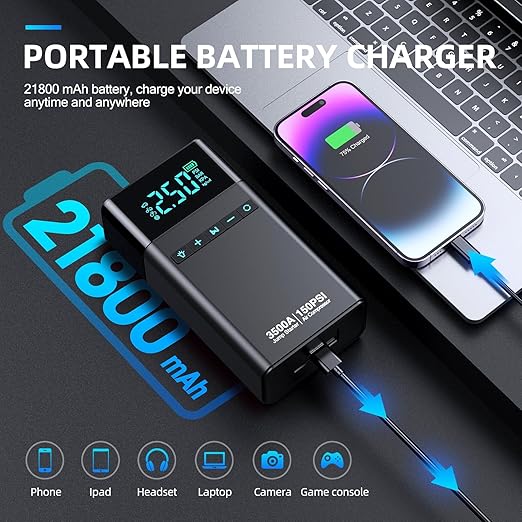 Heavy-Duty Car Battery Booster & Tire Inflator – Smart LCD & Emergency Light – Image 6