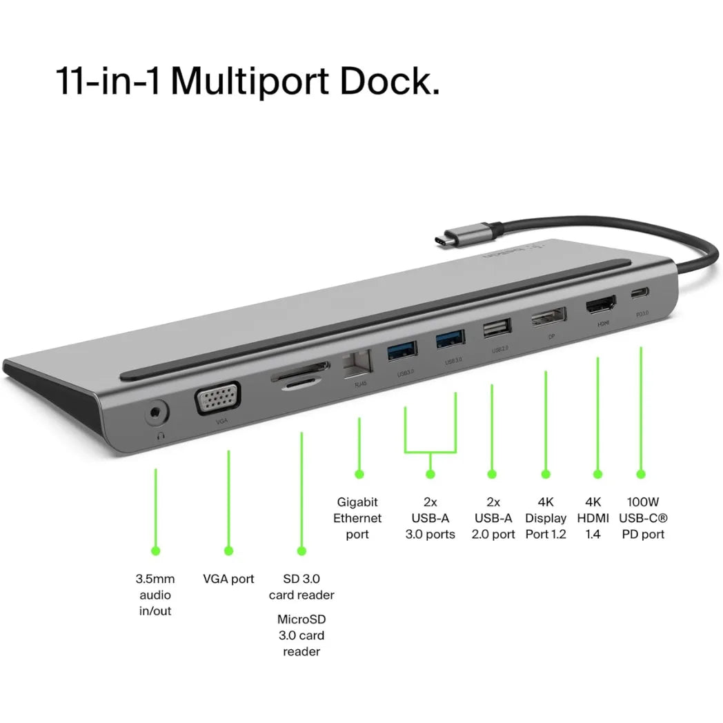 Belkin 11 In 1 USB C Hub with 4K Display Connectivity & 100W Power Delivery Gray – Image 2