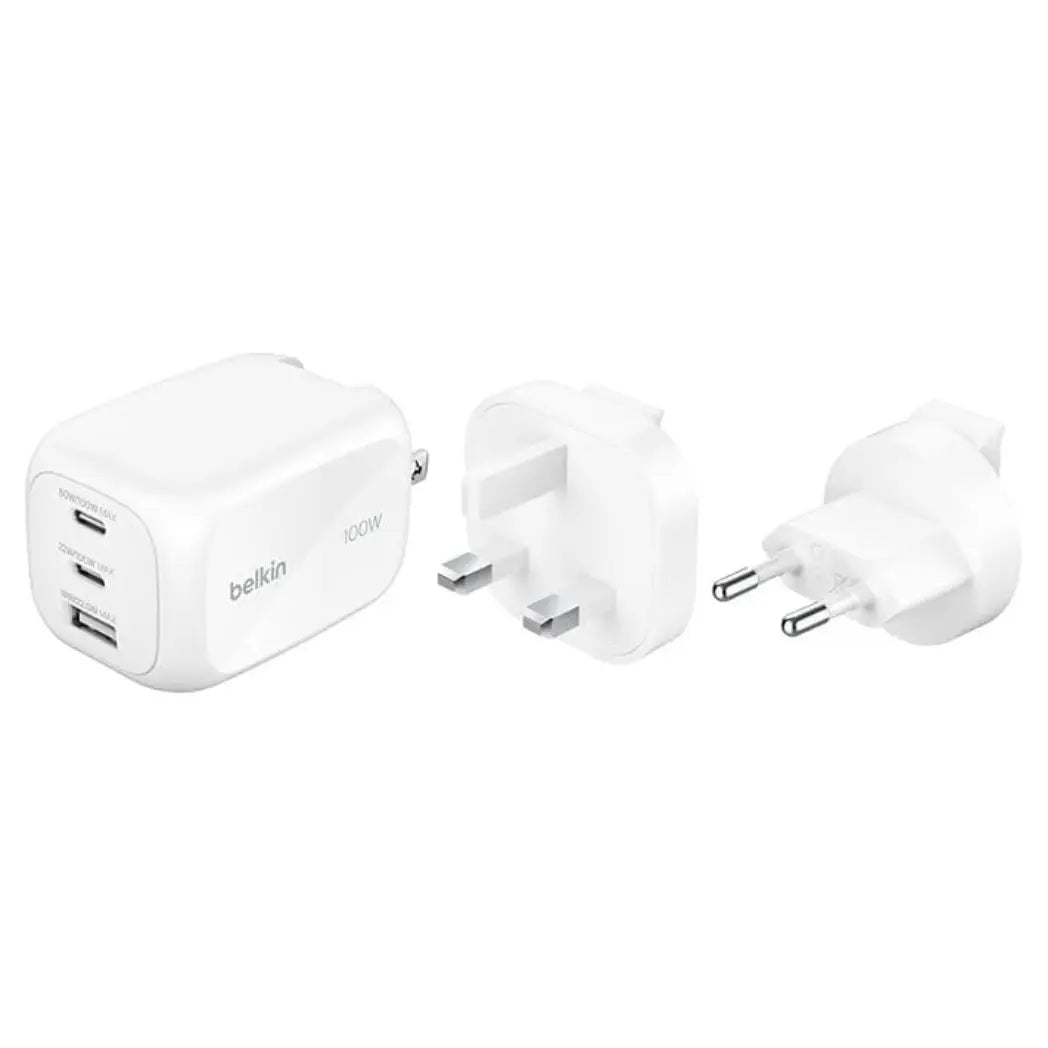 Belkin 3 Port USB C GaN Wall Charger 100W White Fast Charging Adapter