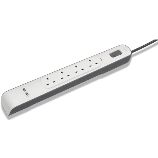 Belkin 4 Way 2 Meter Surge Protection Strip with 2 x 2.4 Ampere USB Charging – White