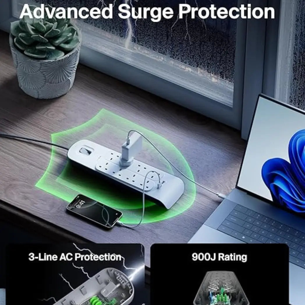 Belkin 8 Way Surge Protection Strip – USB Charging 2 Meter White Power Extension – Image 3
