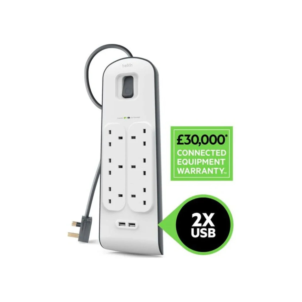 Belkin 6-Socket Surge Protected Extension Lead 2m – USB Charging White Power Strip – Image 3