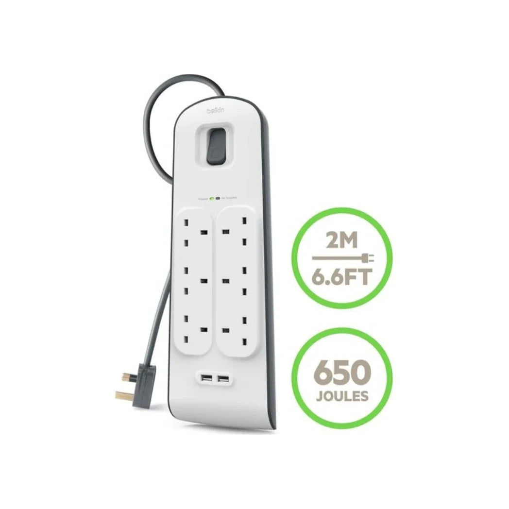 Belkin 6-Socket Surge Protected Extension Lead 2m – USB Charging White Power Strip – Image 2