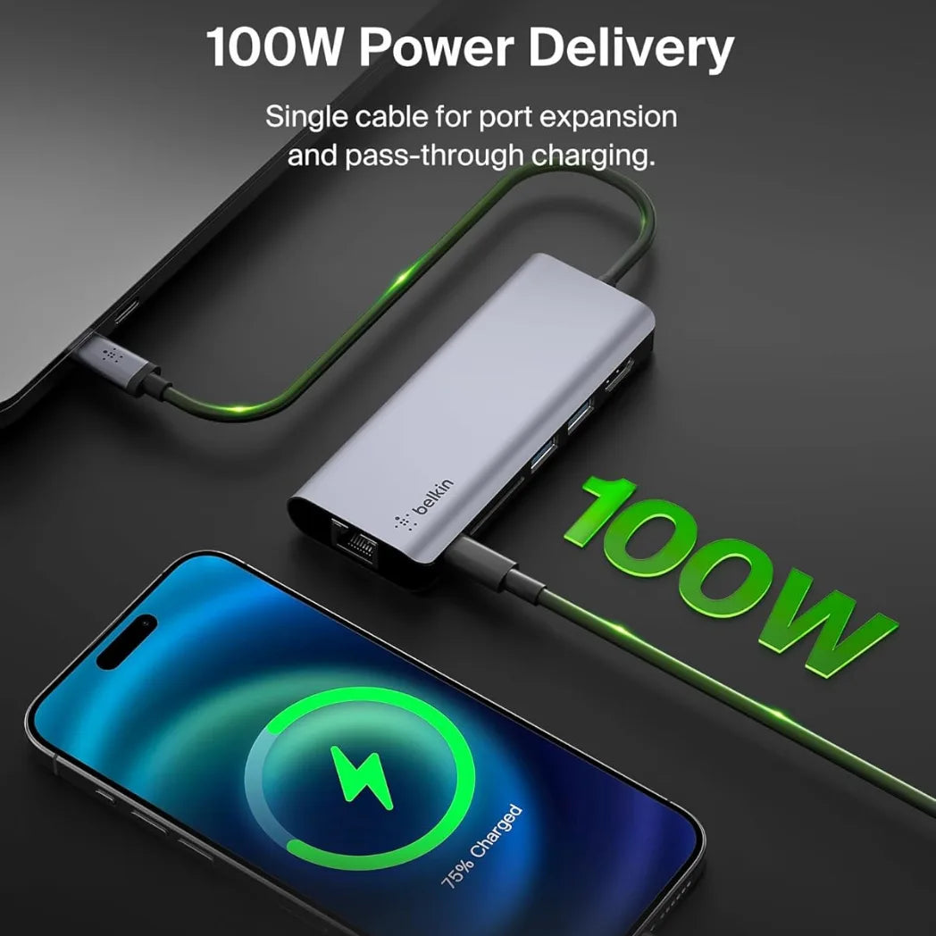 Belkin USB C 6-in-1 Multiport Adapter Dock – 4K HDMI Ethernet & 100W Power Delivery Gray – Image 2