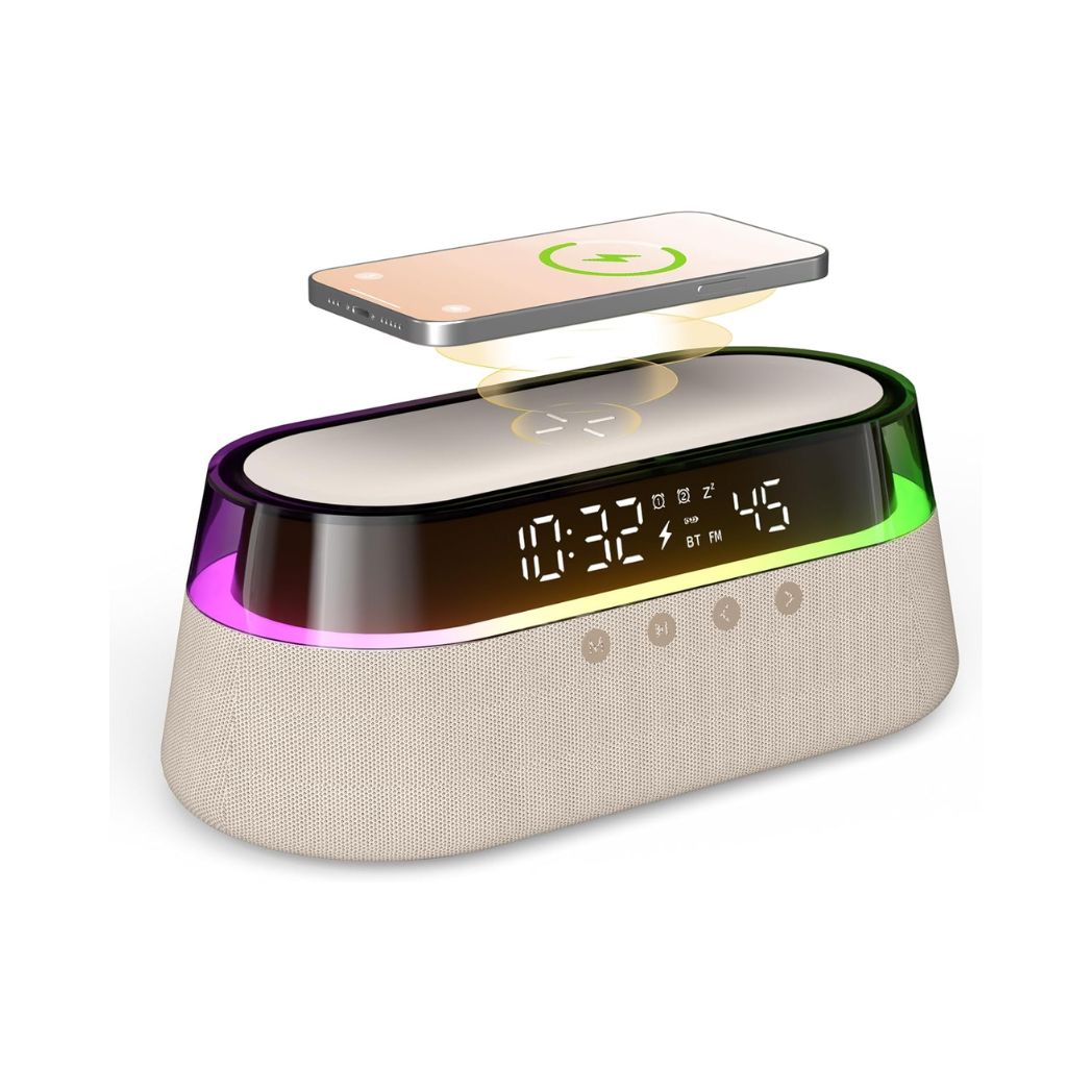 EZVALO 6-in-1 Digital Alarm Clock + FM Radio + Fast Wireless Charging + Bluetooth