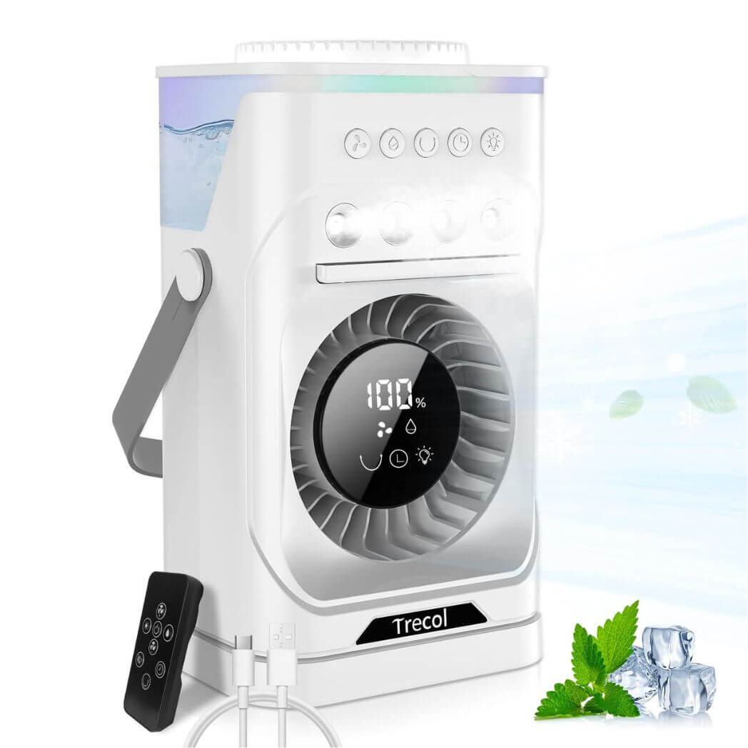 Portable Air Conditioner Fan – 4-in-1 Rechargeable Misting Desk Fan