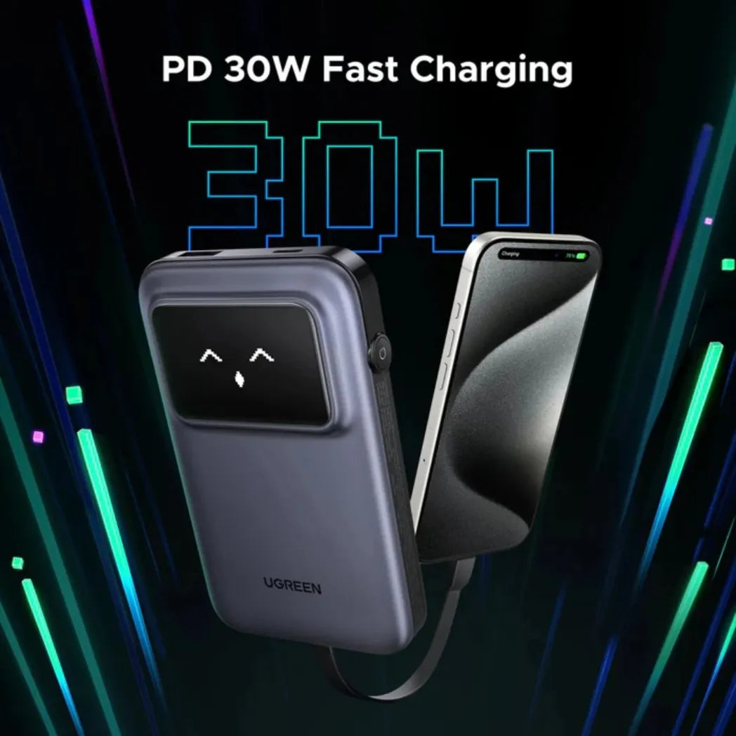 UGREEN Uno 10000mAh 30W Power Bank with Built-in USB-C Cable – Gray – Image 7