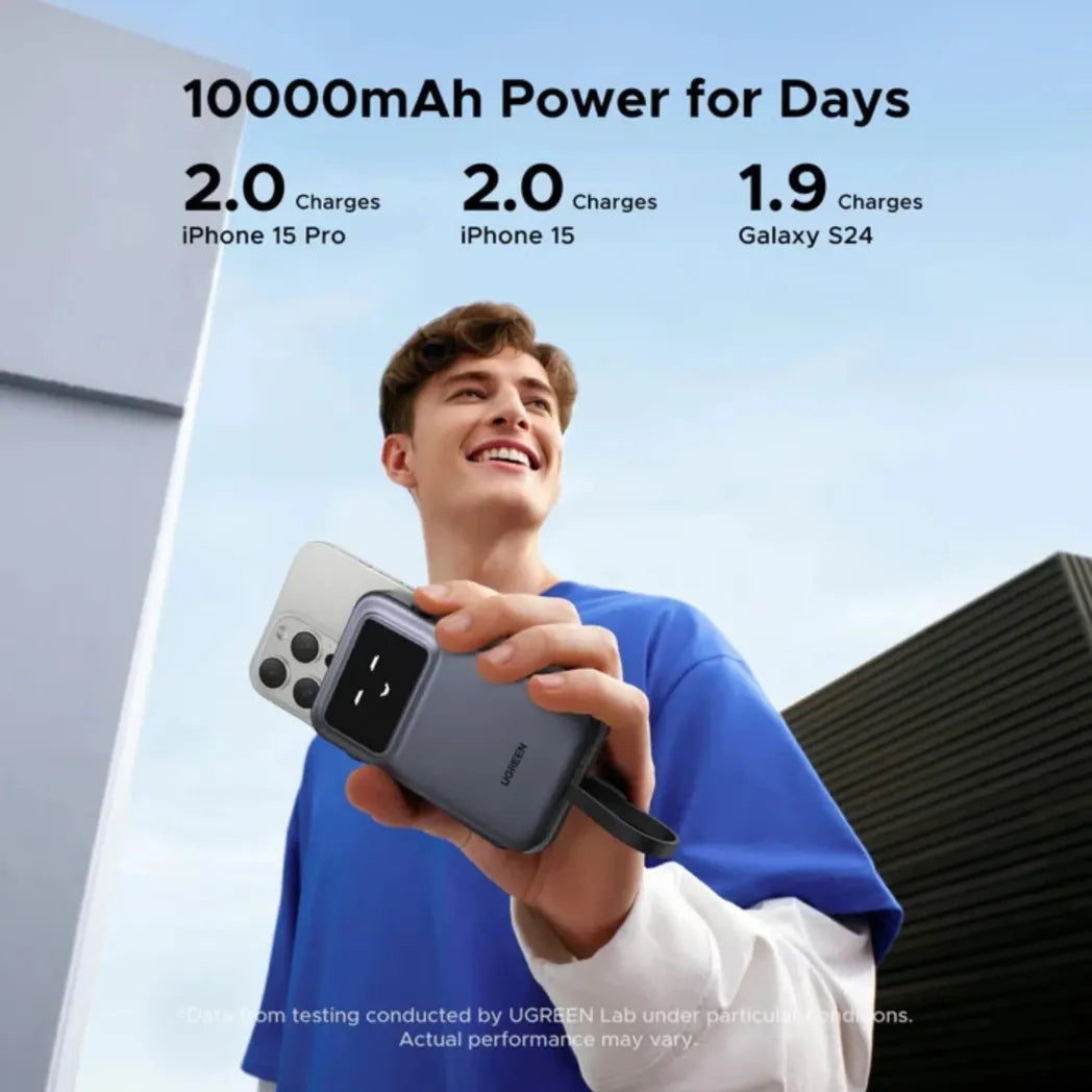 UGREEN Uno 10000mAh 30W Power Bank with Built-in USB-C Cable – Gray – Image 3