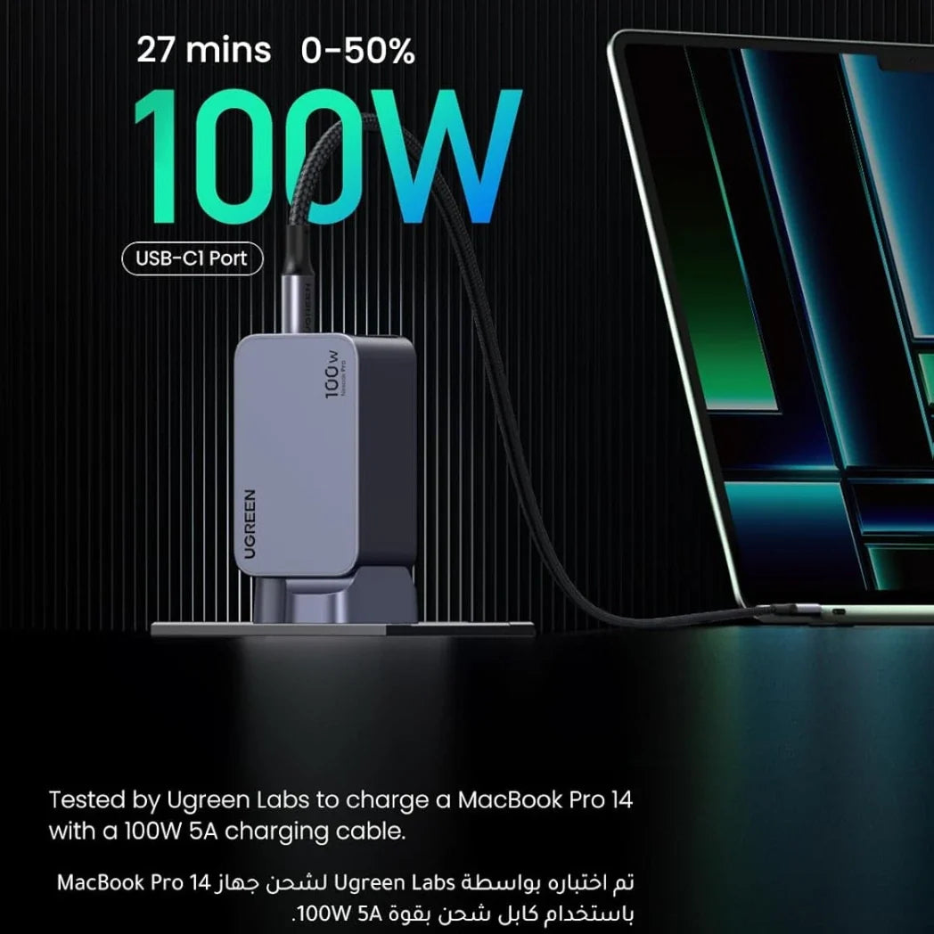UGREEN Nexode Pro 100W GaN Fast Charger 3-Port USB-C PD Charger – 1.5M USB-C Cable – Image 2