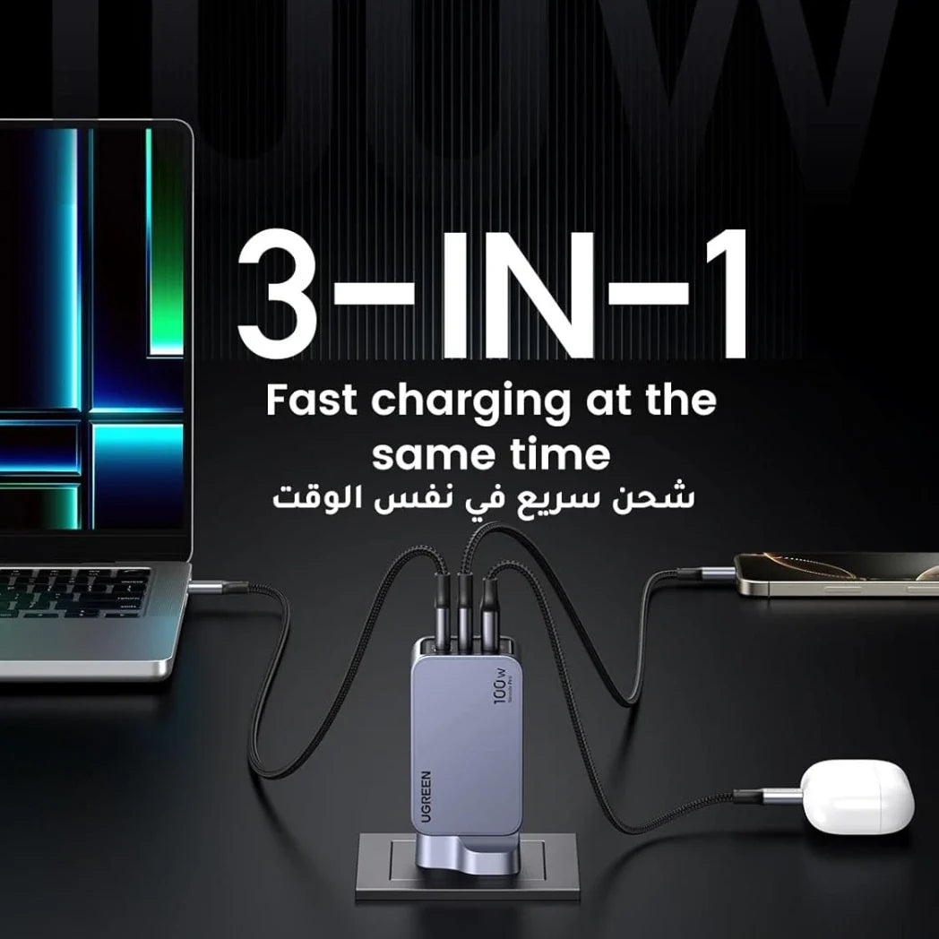 UGREEN Nexode Pro 100W GaN Fast Charger 3-Port USB-C PD Charger – 1.5M USB-C Cable – Image 3