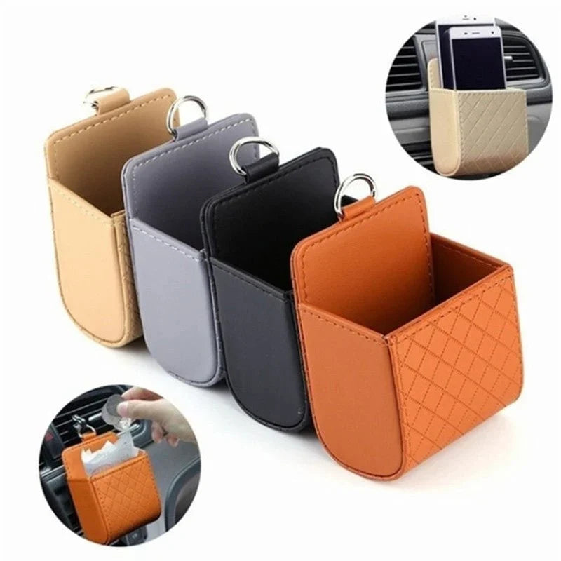 Car Air Vent Mini Storage Box – Leather Organizer Pocket & Hanging Phone Holder